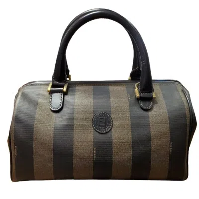 Pre-owned Fendi Pequin Beige Black Leather Pvc Boston Bag Handbag () In Beige, Black