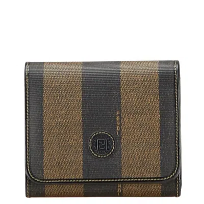 Pre-owned Fendi Pequin Black Brown Pvc Leather Wallet (tri-fold) () In Multi
