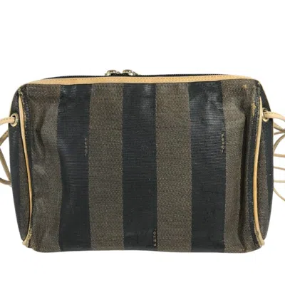 Pre-owned Fendi Pequin Brown Khaki Leather Canvas Shoulder Bag () In Brown, Khaki