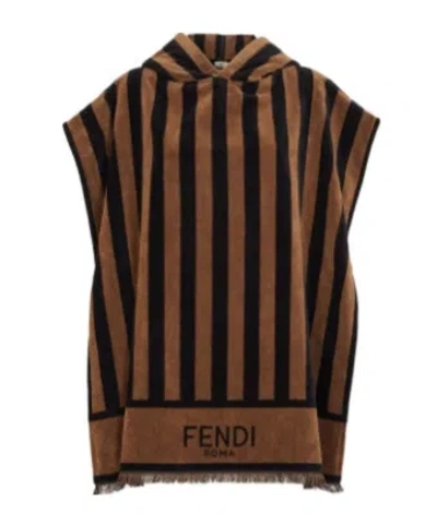 Fendi Pequin Cotton Cape Coat In Brown