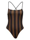 Fendi Women Brown And Black One-piece Swimsuit With Ff And Stripe Motif In Stretch Fabric Woman In Brown