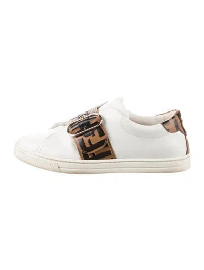 Pre-owned Fendi Pequin Pattern Leather Sneakers In White