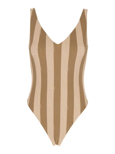 FENDI FENDI WOMEN BEIGE REVERSIBLE SWIMSUIT WITH V NECK AND ALL-OVER STRIPED MOTIF IN TECH FABRIC STRETCH 