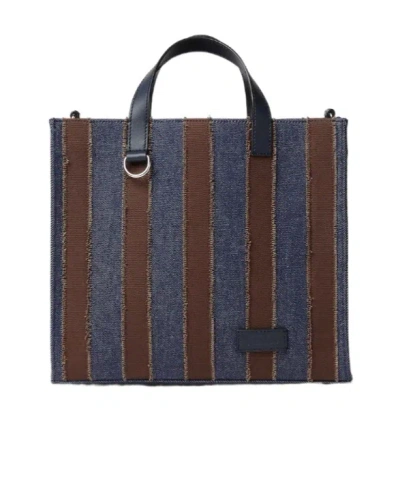 Fendi Pequin Shopper Dark Blue Denim Fabric And Brown Canvas Bag In Multi