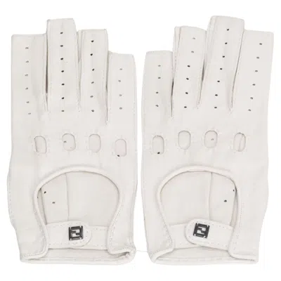 Pre-owned Fendi Perforated Leather Gloves Sz 7.5 New In Gray