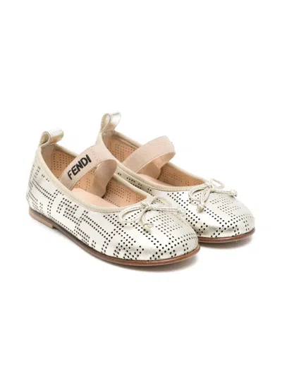 Fendi Kids' Perforested Logo Ballet Flats In Gold