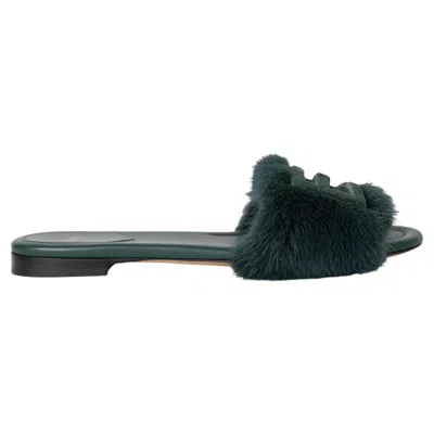 Pre-owned Fendi Petrol Green Baguette Mink Fur Slide Sandals Shoes 39