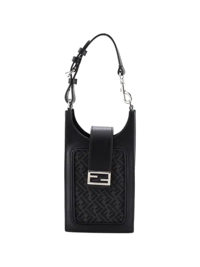Pre-owned Fendi Phone Holder Bag Zucca Canvas And Leather Shoulder Bag In Black