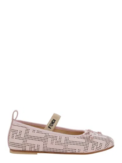 Fendi Kids' Pink Ballet Shoes With Bow Detail And All-over Perforated Ff Logo In Leather Girl