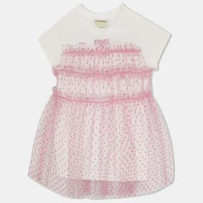 Pre-owned Fendi Pink Dotted Tulle & White Cotton Knit Dress 12 Months