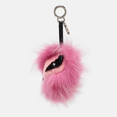 Pre-owned Fendi Pink Fox Fur And Shearling Crystal Tria Monster Bug Bag Charm