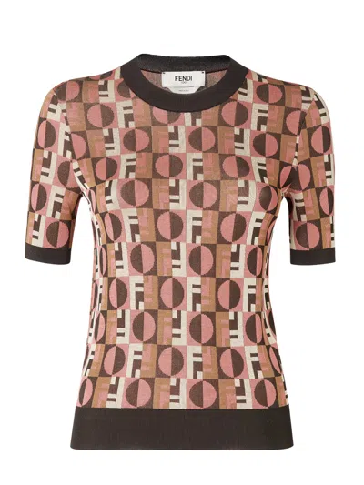 FENDI PINK JACQUARD CREW NECK T-SHIRT