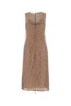 Fendi Women Beige Sleeveless Crewneck Dress With Floral Embroidery In Lace Woman In Brown