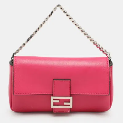 Pre-owned Fendi Pink Leather Micro Baguette Bag