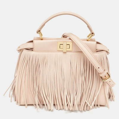 Pre-owned Fendi Pink Leather Mini Fringe Peekaboo Top Handle Bag