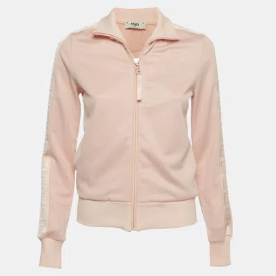 Pre-owned Fendi Pink Logo Embossed Jersey Pique Zip-up Jacket S