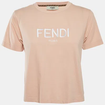 Pre-owned Fendi Pink Logo Embroidered Jersey Crop T-shirt M