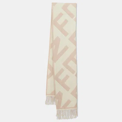 Pre-owned Fendi Pink Logo Jacquard Wool Fringed Muffler