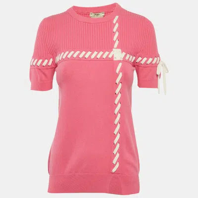 Pre-owned Fendi Pink Rib Knit Lace-up Top S
