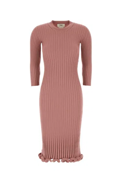 FENDI PINK RIBBED-KNIT RUFFLED MIDI DRESS