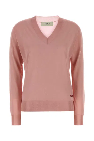 Fendi Stretch Viscose V Neck Sweater Long Sleeves In Pink