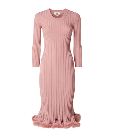 Fendi Ribbed-knit Ruffled Midi Dress In Pink