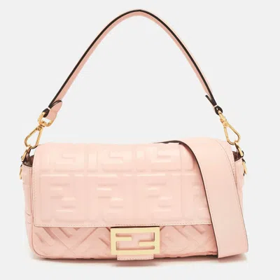 Pre-owned Fendi Pink Zucca Embossed Leather Medium Baguette Bag