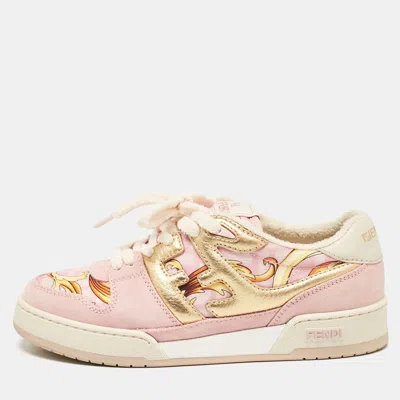 Pre-owned Fendi Pink/gold Leather And Suede Fendace Lace Up Sneakers Size 38