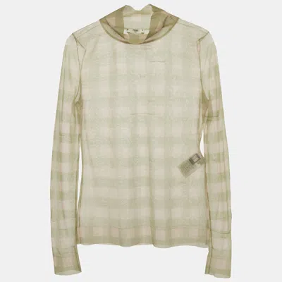 Pre-owned Fendi Pink/green Check Lurex Knit Sheer Turtleneck Top S
