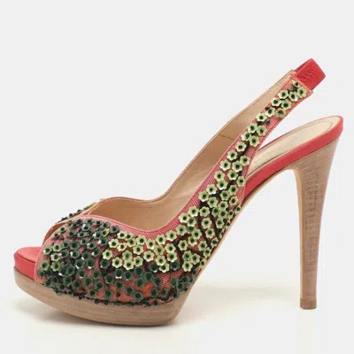 Pre-owned Fendi Pink/green Mesh Embellished Peep Toe Slingback Pumps Size 36