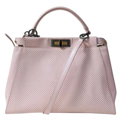 Pre-owned Fendi Pink/white Checkered Leather Sequin Lining Medium Peekaboo Top Handle Bag In Gray