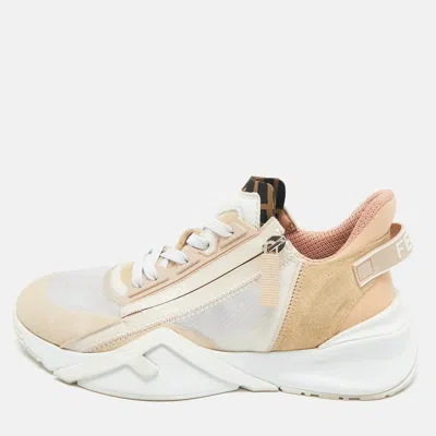 Pre-owned Fendi Pink/white Suede And Leather Flow Low Top Sneakers Size 37 In Multi