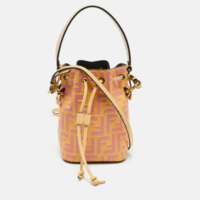 Pre-owned Fendi Pink/yellow Zucca Leather Mini Mon Tresor Drawstring Bucket Bag