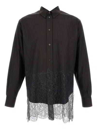 Fendi Espresso Pinstriped Wool Shirt With Lace Men In Black