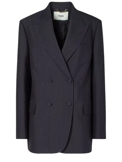 Fendi Pinstripe Wool Double-breasted Blazer In Blue