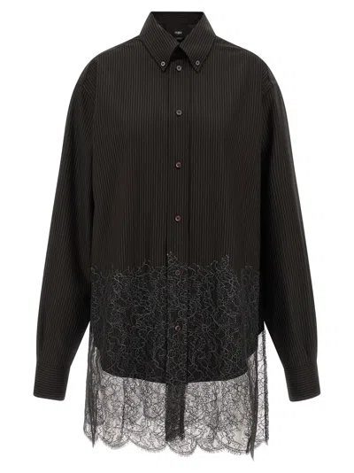 Fendi Pinstripe Wool With Lace Trim Shirt In Black