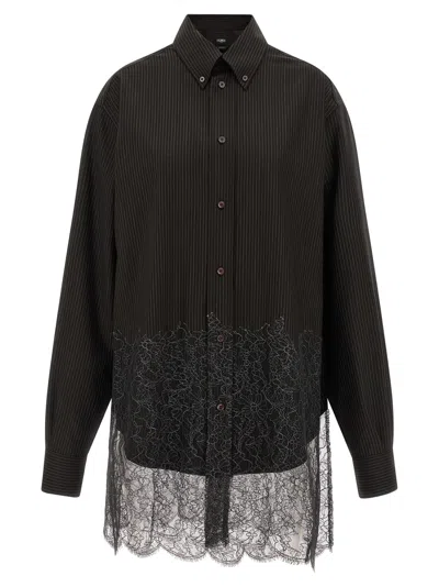 Fendi Pinstriped Virgin Wool With Lace Insert Blouse In Brown