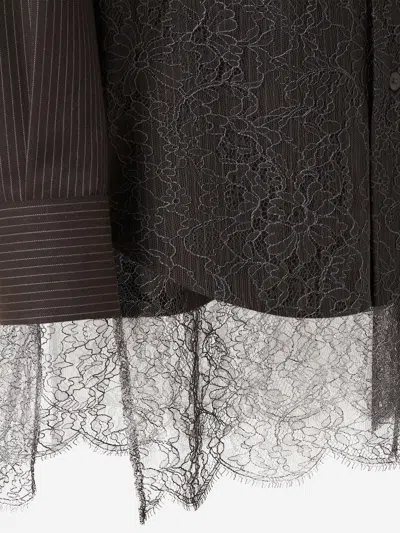 Fendi Pinstriped Virgin Wool With Lace Trim Shirt In Brown