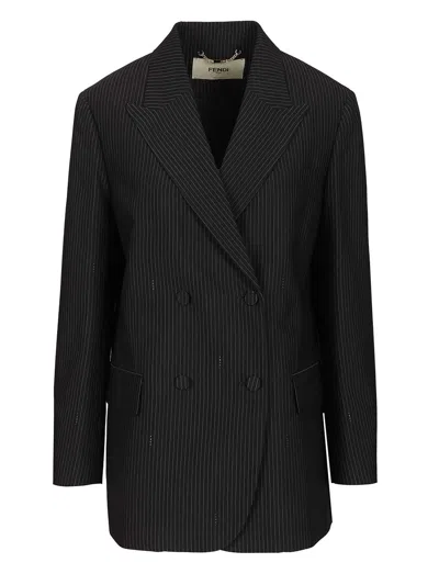 Fendi Pinstriped Wool Blazer Jackets Blue In Black