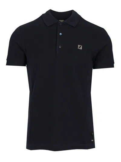 Fendi Piquet Polo Polo Shirt Blue In Black