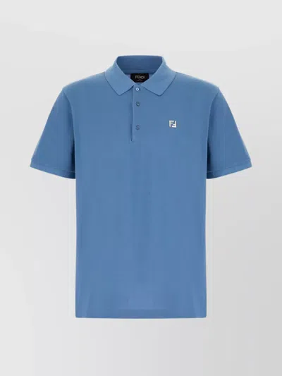 Fendi Piquet Polo Shirt With Collar And Short Sleeves In Blue