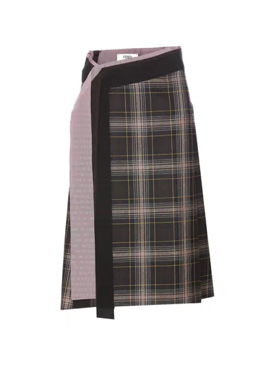 Fendi Plaid-pattern Midi Skirt In Brown