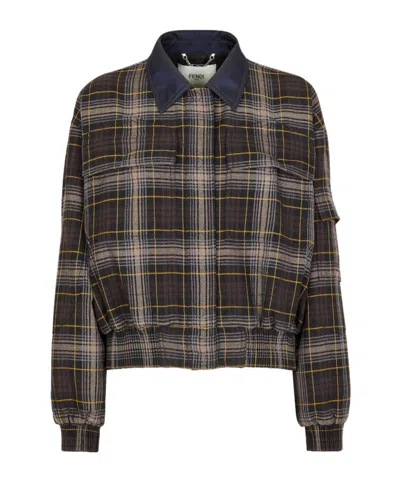 Fendi Checked Cropped Bomber Jacket In Brown