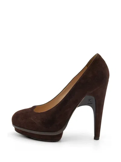 Pre-owned Fendi Platform Suede Pumps In Brown