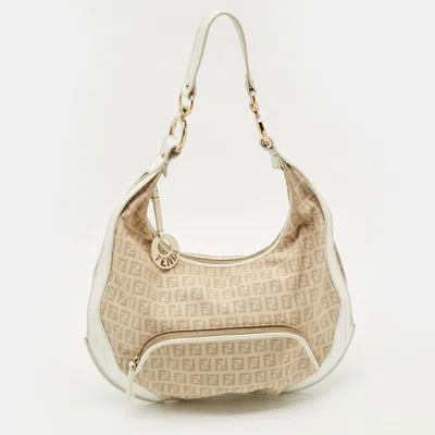 Pre-owned Fendi Pocket Chef Beige/white Zucchino Fabric And Leather Hobo In Sand