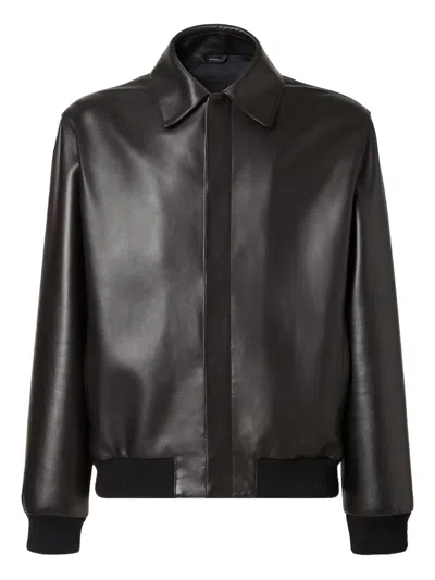 Fendi Men Black Jacket With Classic Collar And Logo Lettering On The Rear In Leather Man
