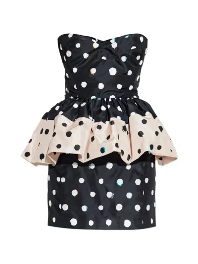 Fendi Women Black Silk Bustier Short Dress With Peplum Detail On Thewaist And All-over Falena Dots M In Multi