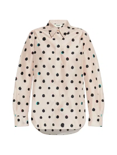 Fendi Women Pink Silk Shirt With Classic Collar And All-over Polka Dots Motif Woman In Brown