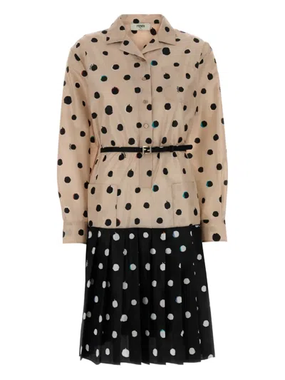 Fendi Silk Dress Belted Waist Long Sleeves In Black