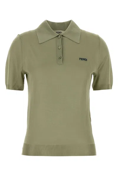 Fendi Sage Green Stretch Viscose Blend Polo Shirt In Metallic
